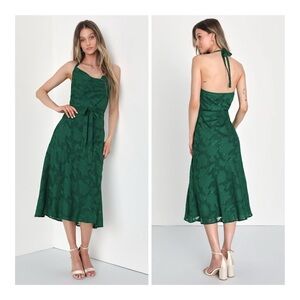 NEW Lulus Small Graceful Charm Emerald Burnout Floral Jacquard Halter Dress